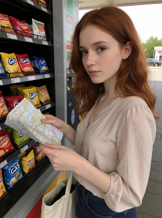 Sera - Gas station snacks; Sera in a soft blouse, reading a crumpled map, tote bag at h