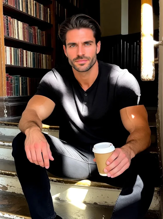 Sergio - sitting on stairs of an old library with a coffee cup, smart casual, full body