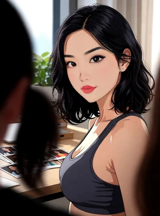 Sora - Desk in a neat apartment, she is scanning photos, over-the-shoulder shot, soft d