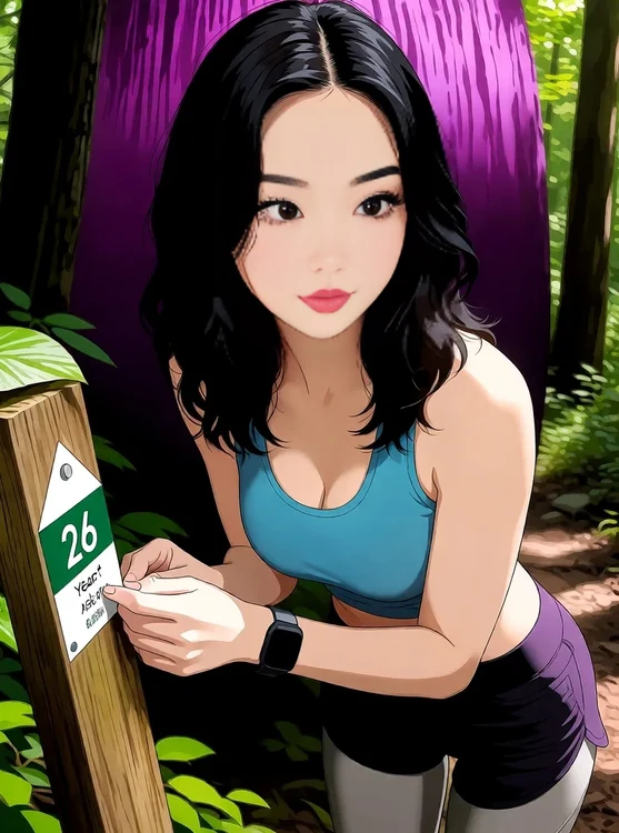 Sora - Forest trail, she is studying a trail marker, half-body, taken by a friend, look