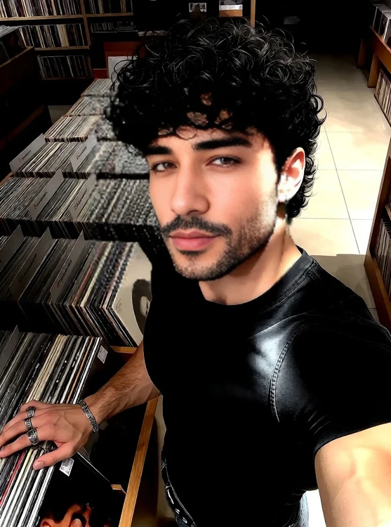 Soren - Selfie in a record store aisle, wearing a black band tee and silver rings, scann