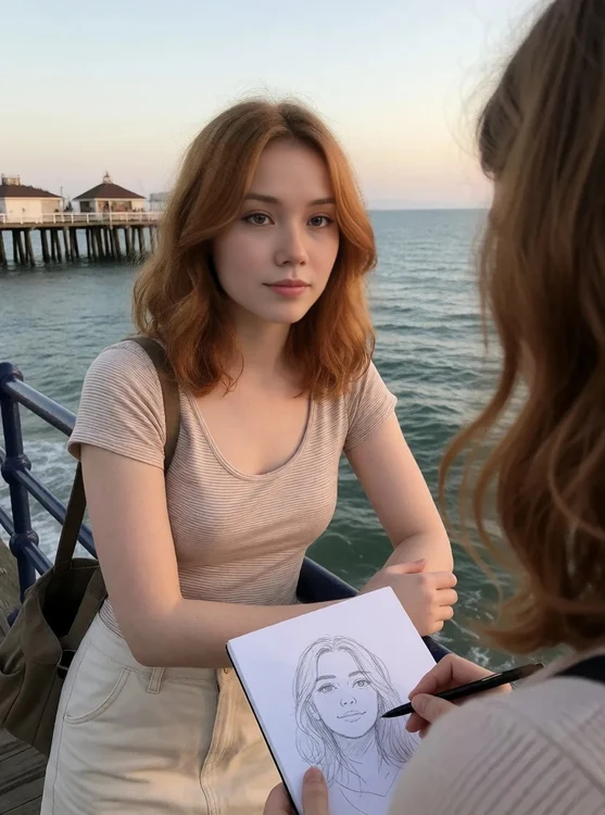 Suki - Seaside pier: Suki in a soft striped top and canvas skirt leans on railing, sket