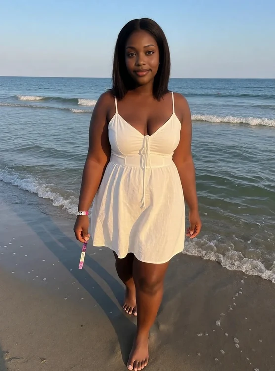 Tari - Full-body shot by the ocean: Tari in a bright sundress, holding a concert wristb