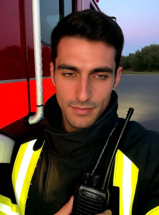 Tariq - Selfie, half body, leaning against a fire truck at dawn in his turnout coat, hol