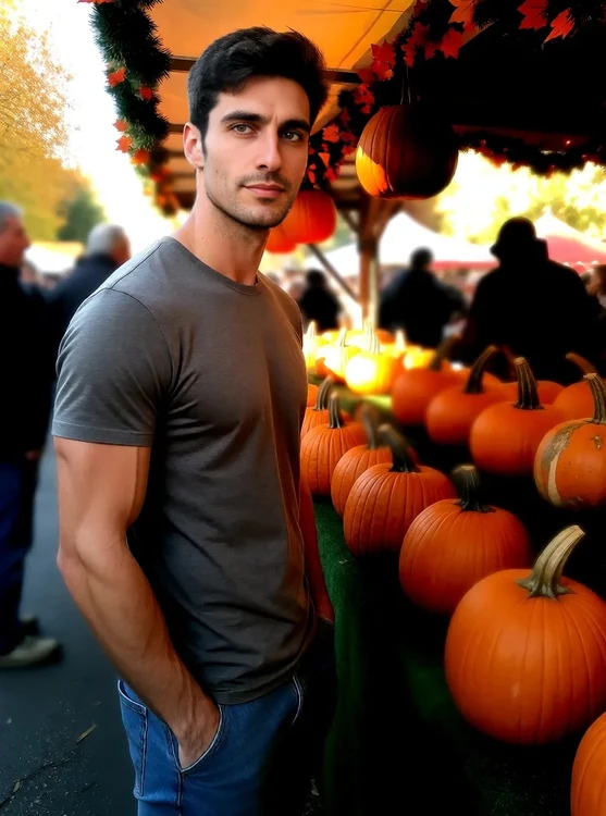 Tariq - Friend’s photo, full body, side view, browsing a pumpkin stall at an autumn fest