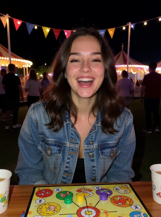 Tia - Birthday night: half-body, denim jacket; she’s mid-laugh at board game, not at c
