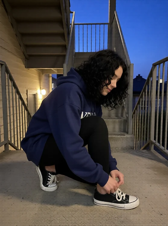 Veda - Small stairwell landing, evening, Veda in hooded sweatshirt, tying shoelace on c