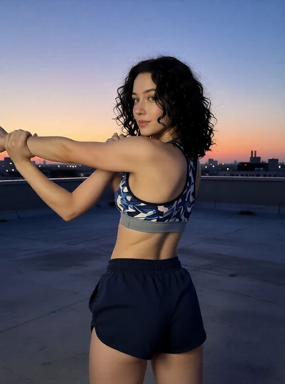 Veda - Empty rooftop at dusk, Veda in shorts and sports bra, stretching arms, half body