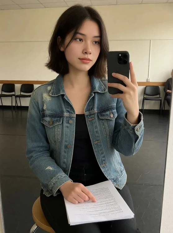 Wren - Half-body mirror selfie: Wren in a worn denim jacket, holding a script on a rehe