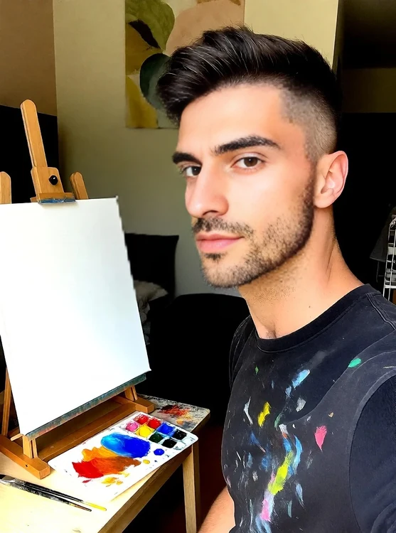 Youssef - Canvas on easel, paint-stained tee, mixing pigments on a small table, half-body 