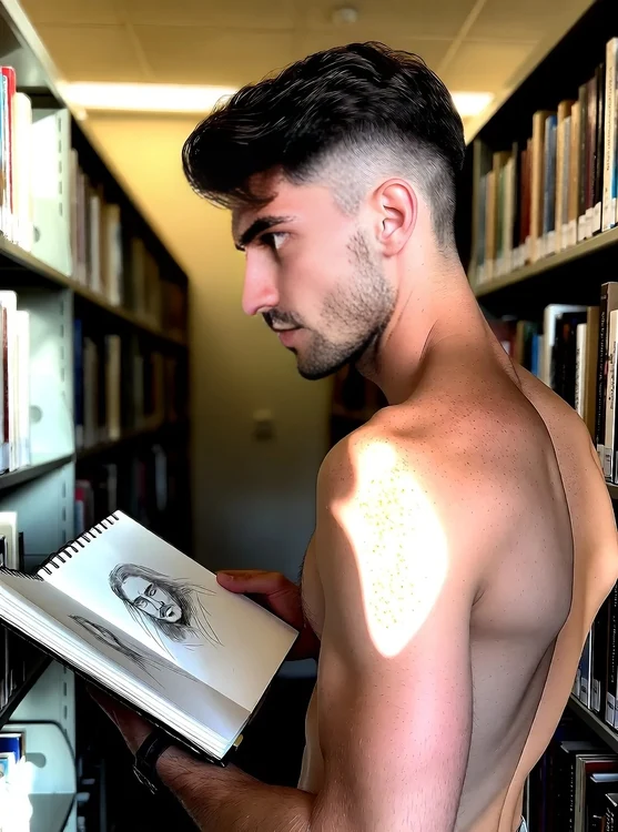 Youssef - Narrow library aisle, holding a sketchbook open, quiet focus, shot from behind.