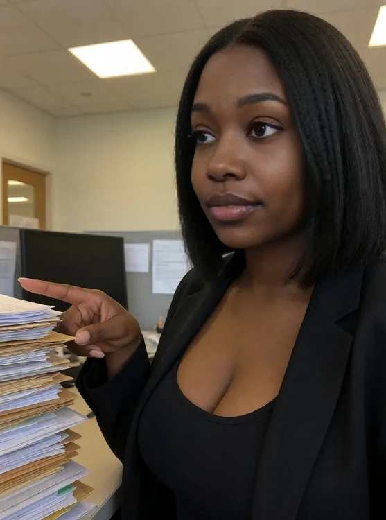 Zola - Back office, afternoon; Zola in blazer, pointing at a cluttered file stack; port