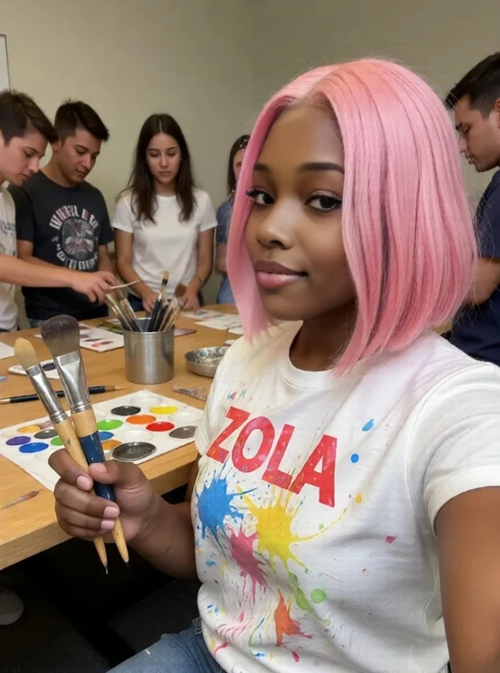 Zola - Weekend workshop table; Zola in a paint-splattered shirt, passing out brushes, h