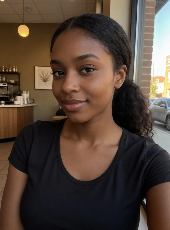 Zuri - portrait at a cafe window table, warm daylight, gentle smile, head and shoulders