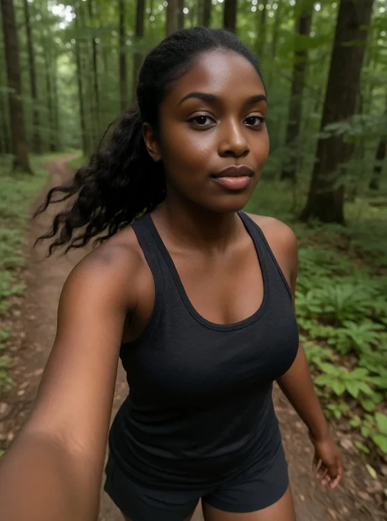 Zuri - Forest trail hike, mid-pace, friend’s photo, over-shoulder framing, ponytail bou